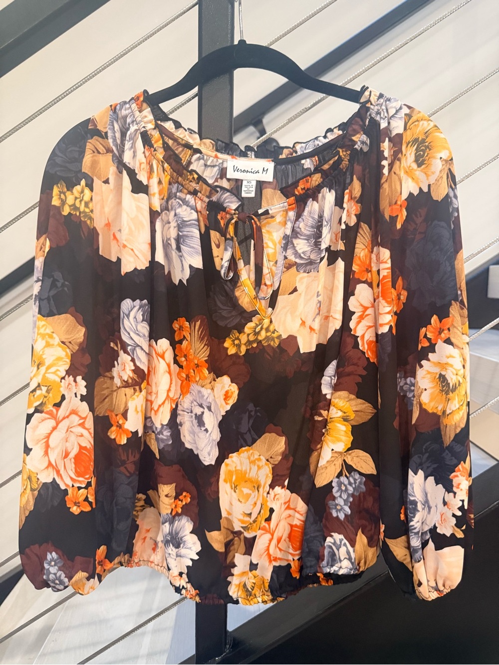 Veronica M Black Floral Tie-Neck Peasant Blouse